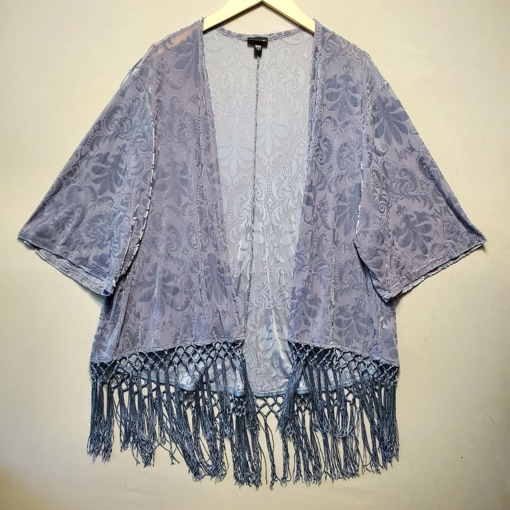 Torrid Sheer Burnout Velvet Fringe Kimono Womens L/XL Blue Sheer Boho Fairycore